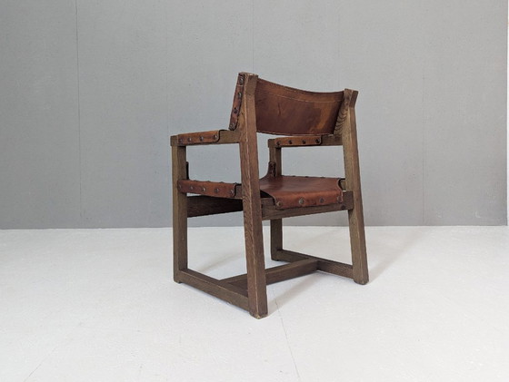 Image 1 of Spaanse Brutalistische Leren Fauteuil van Biosca, 1950