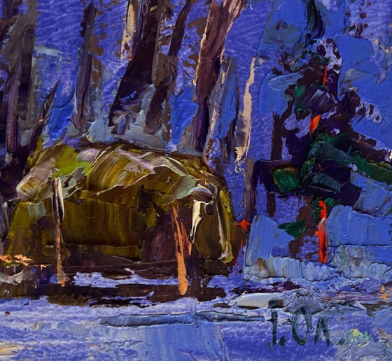 Image 1 of Original Oil Painting Winter Forest Landscape Home on a winter evening