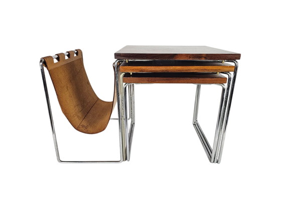 Image 1 of Dutch Design - Brabantia Holland - Mime Set - Reading Rack - Vintage Side Table With Cognac Saddle Leather Reading Rack - 60's