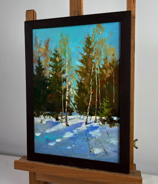 Original Oil Painting Snowy Trees Landscape Sunny winter forest