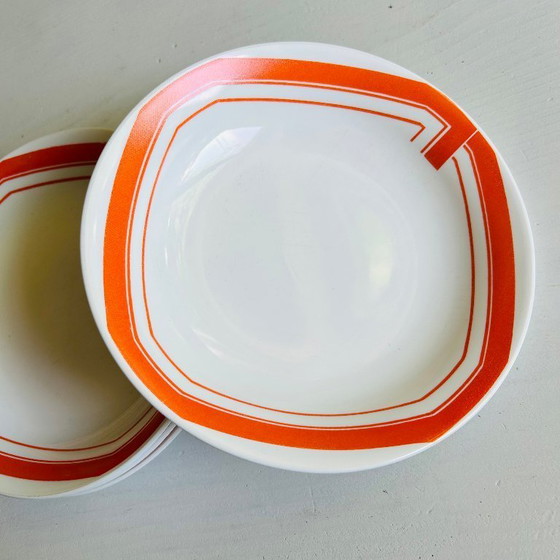 Image 1 of Set di 4 piatti fondi vintage, Rivanel Francia, decoro arancione, anni '70 