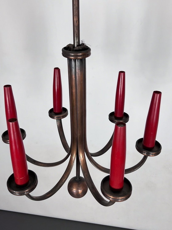 Image 1 of Lampadario in rame a sei bracci, stile Mid-Century Modern, in stile Gio Ponti. Italia, anni '50.