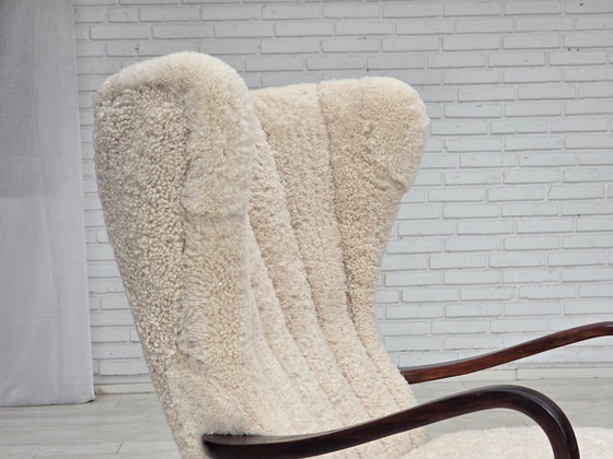1960s, Danish high-back armchair, genuine sheepskin, reupholstered. – Wood (photo 2 of 22)