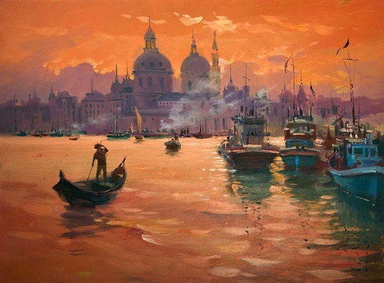 Image 1 of Original Oil Painting Evening City Landscape The atmosphere of the Venetian city