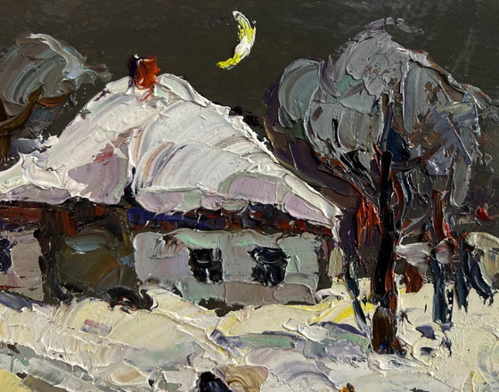 Image 1 of Original Oil Painting Snow Village Landscape Moonlit winter night