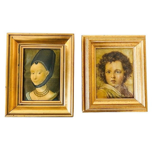 Vintage silk paintings of a woman and child in traditional costumes from the 1960s