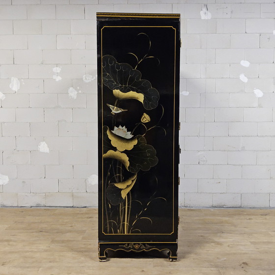 Image 1 of Vintage Chinese black lacquer cabinet birds and flowers bohemian / bohemian / oriental cabinet