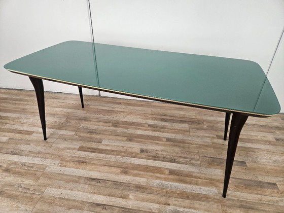 Image 1 of Mid-century mahogany dining table with aquamarine glass top