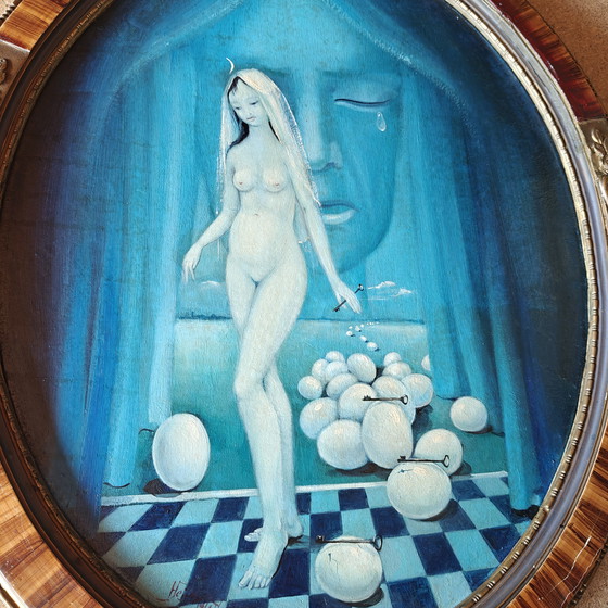 Image 1 of Luc Heirbaut – “The Secret of Fertility” (1970)
Original oil on panel – double signed – surrealist period