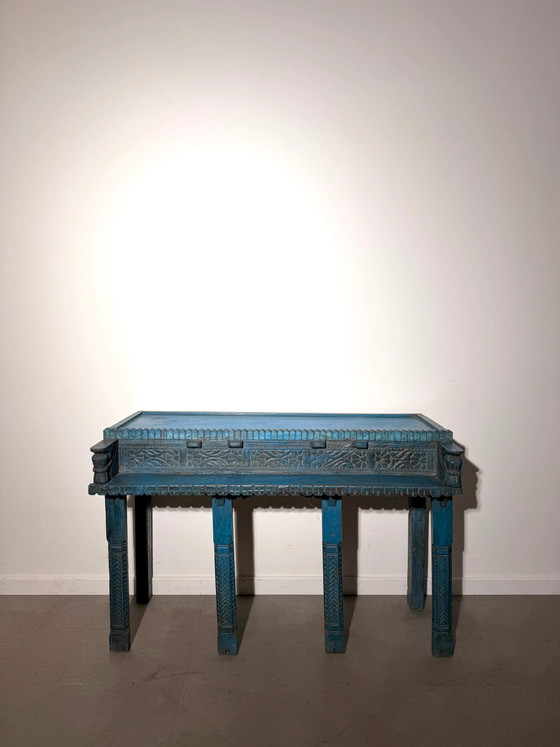Consolle indiana intagliata in blu turchese – Tavolini, Wood (photo 7 of 7)