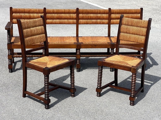 Set of bench and 2 chairs in solid oak and straw French work 1940