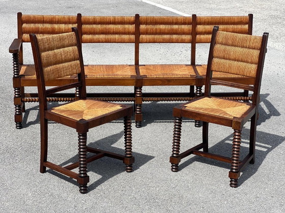 Image 1 of Set of bench and 2 chairs in solid oak and straw French work 1940