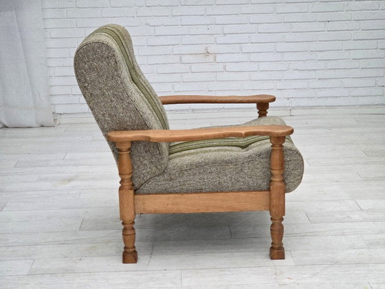 Image 1 of Fauteuil danois des années 1970, tissu d'ameublement d'origine en laine, bois de chêne massif.