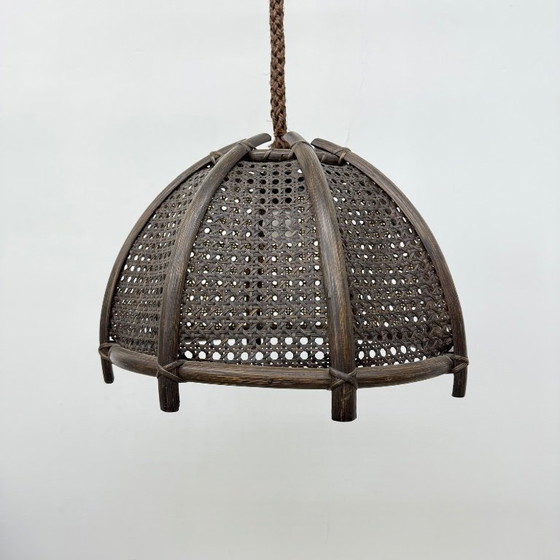 Image 1 of Vintage rattan and webbing hanging lamp 1970s retro