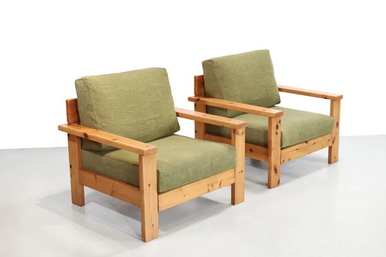 Conjunto de dos sillones de diseño italiano de pino de los años 70. – Wood, Cotton, Brutalist (photo 4 of 9)