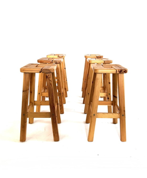 Image 1 of 6x grenenhouten barkruk, stijl Olof Ottelin ‘50
