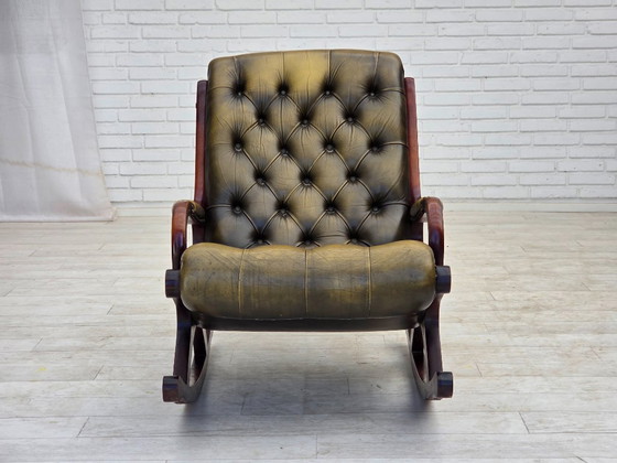 Image 1 of Anni '50, sedia a dondolo Chesterfield, pelle verde originale, legno di teak.