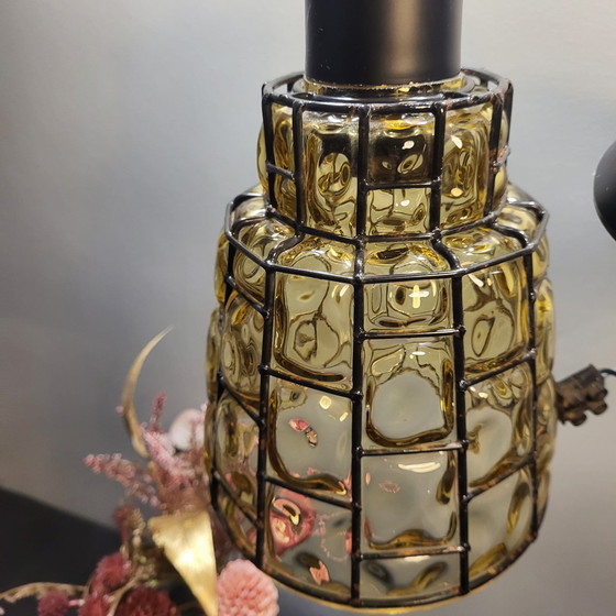 Image 1 of Vintage Yellow/Brown Glass Lamp with Black Frame