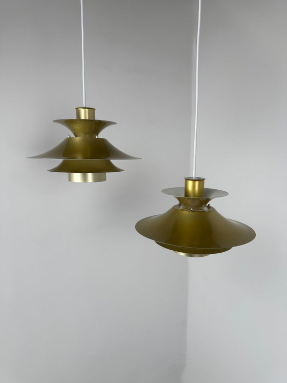 Pair of Model 4108 Pendant Lamps, Lyfa, Denmark, c. 1970s-1980s, Metal, Gold, Mid Century Modern (photo 2 of 13)