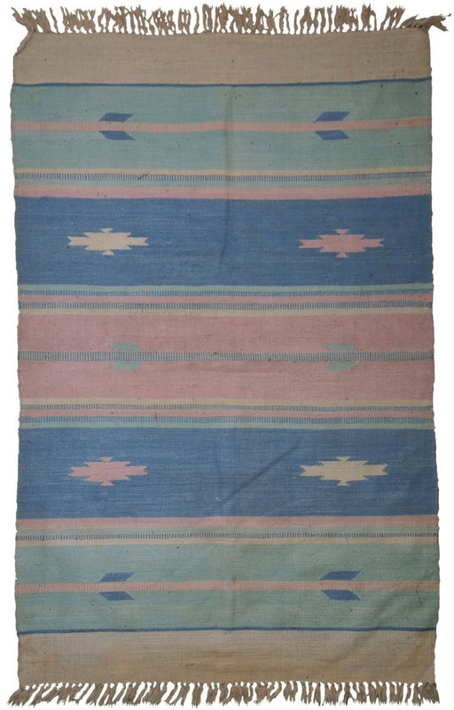 Vintage Indian Dhurri Kilim 4'x6' - 1960s Pastel Stripes (1C70)