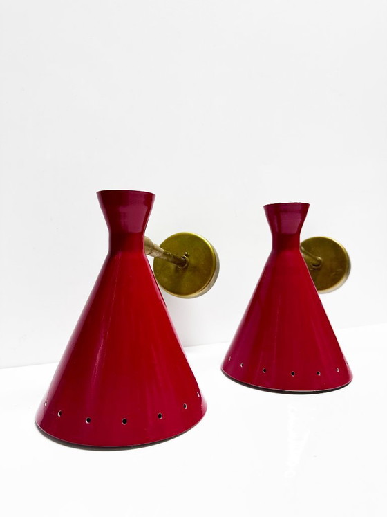 Coppia di Applique italiane di design 1950, Ottone, Rosso (foto 3 di 11)