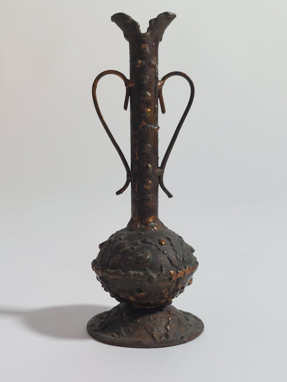Image 1 of Brutalist vintage mid-century copper handled vase, vase melts