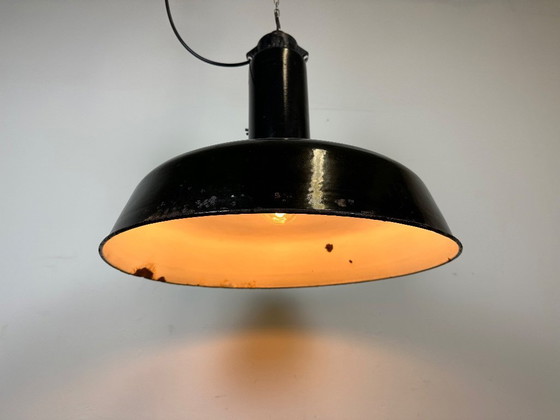 Image 1 of Industrial Black Enamel Factory Pendant Lamp with Iron Top, 1950s