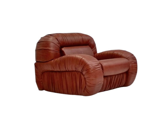 Fauteuil relax en cuir italien vintage - Design rétro en cuir orange/brun, 1970