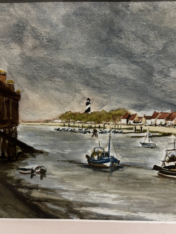 Image 1 of Pierre Baudemont - Aquarel Zeegezicht - Zicht op een haven