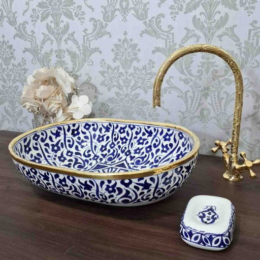 Lavabo marroquí ovalado con borde de latón y diseño floral azul de 45 x 35 cm