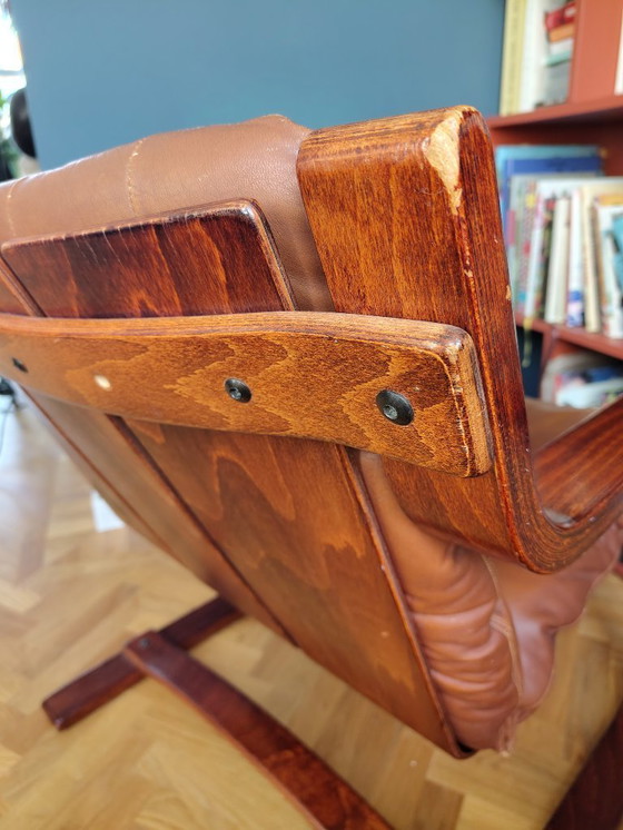 Image 1 of Poltrona vintage in pelle cognac e palissandro