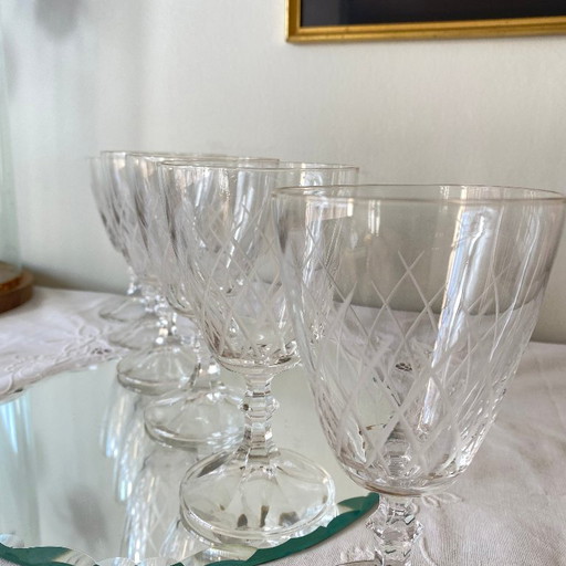 6 Large Antique Engraved Glasses for Wine or Water