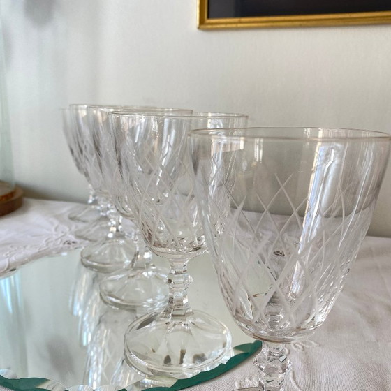 Image 1 of 6 Large Antique Engraved Glasses for Wine or Water