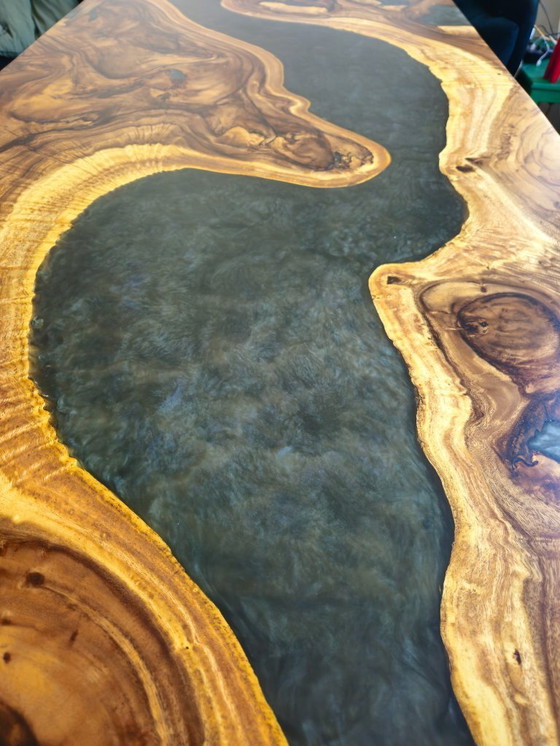 Image 1 of Rain tree wood epoxy river dining table grey/silver 