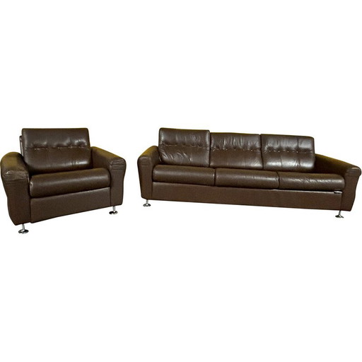 Danish vintage brown leather living room set, 1960s