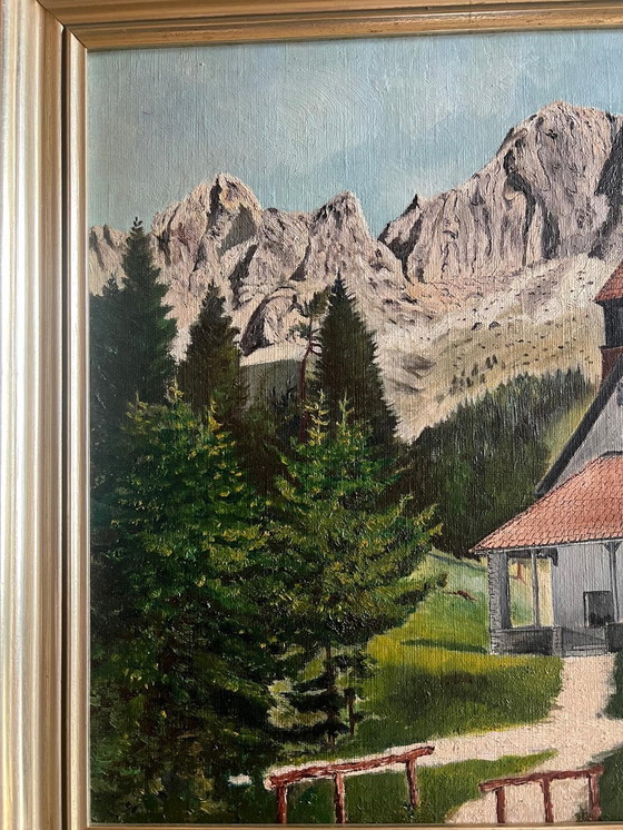 Image 1 of Peinture à l'huile - Paysage alpin avec église Signé M. Knerr 56 × 46 cm Avec cadre