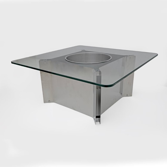 Image 1 of Michel Boyer Style Mid-century Modern French Steel and Glass Coffee Table, 1970s