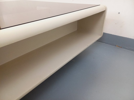 Image 1 of Vintage square coffee table in Space Age style, made of white wood and smoked glass, from the 1970s