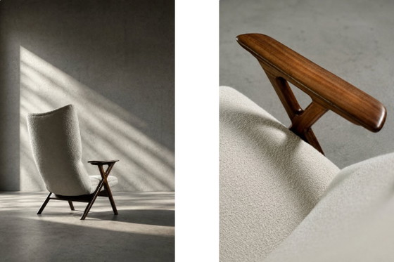 Image 1 of Poltrona alta vintage in teak e tessuto bouclé bianco, stile moderno norvegese di metà secolo, anni '60.