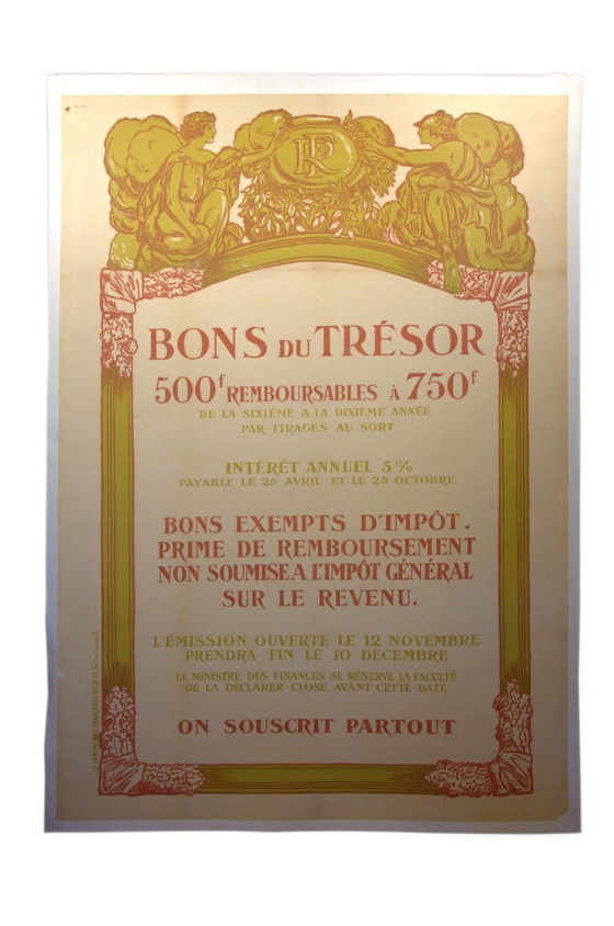 Cartel original sobre papel con soporte de lino "Bono del Tesoro al 5%", Economía Bancaria, París, 79x114cm. (photo 6 of 6)