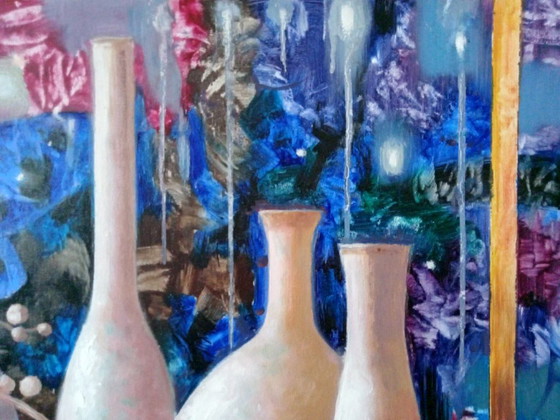 Original Oil Painting Abstract Vases Bottles Flowers Still Life – Paintings & Drawings, Canvas (photo 8 of 10)