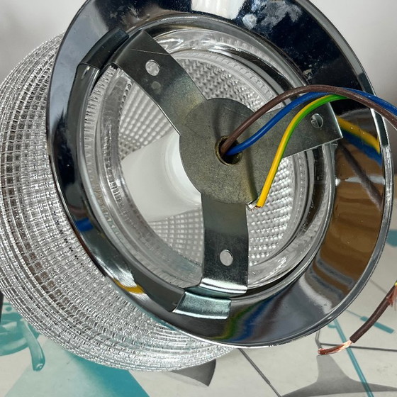 Small round Holophane prismatic glass wall or ceiling light with stainless steel base, Table lamps, Chrome (photo 6 of 9)