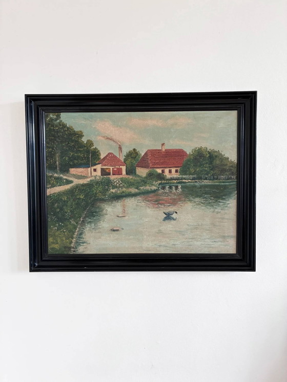 Image 1 of Peinture à l'huile originale vintage représentant un paysage, signée, œuvre d'art de ferme