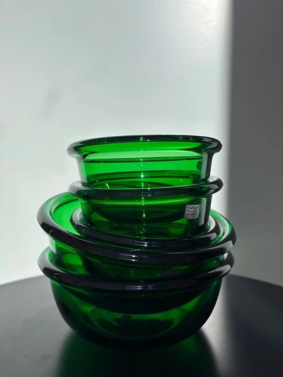 Image 1 of Arabia Finlandia - Set di 5 ciotole luna vintage in vetro verde - Design Kaj Franck - Nuutajärvi - anni '70