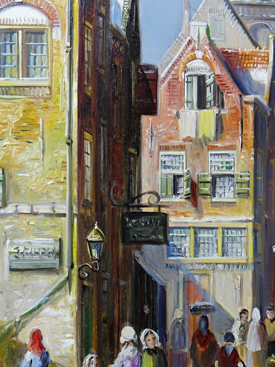 Image 1 of Large framed urban scene oil painting on wood by John Haanstra, vintage