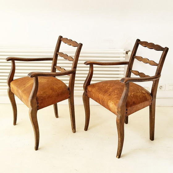 Image 1 of SUPERB PAIR OF VINTAGE ARMCHAIRS FROM THE 1940s AND 1950s IN LEATHER & OAK