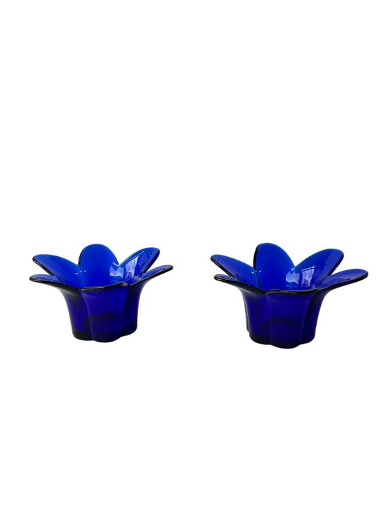 Image 1 of Set di portacandele in vetro blu cobalto, stile moderno di metà secolo