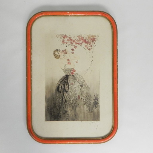 Litografía de Louis Icart con una dama y flores al estilo Art Déco, década de 1920.