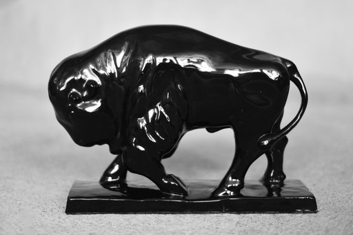 Vintage Mid-Century Scandinavian Modern Black Large Porcelain Bison Figurine, 1960s