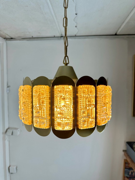 Lampada a Sospensione Plafoniera Vintage Vitrika Vetro Ghiaccio Anni '60 Danimarca, Plafoniere, Metallo (foto 7 di 14)
